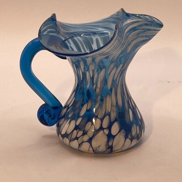 Rainbow Small Mini Pitcher Splatter Vase Blue White Hand Blown Hand Painted - Picture 3 of 13